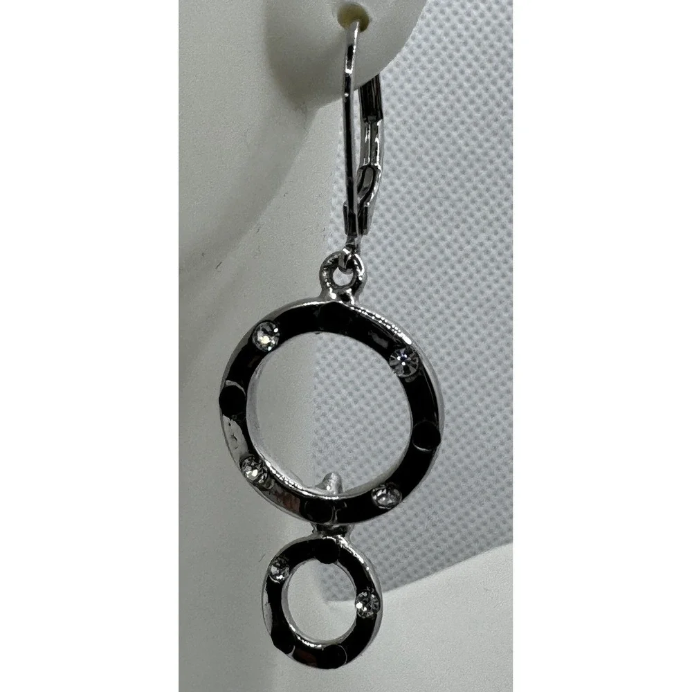 Cookie Lee Jewelry Set Silver Tone Faux Onyx CZ Pendant Necklace Earrings 90s